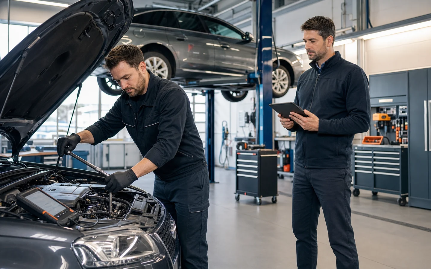 Balkan Recruiters assessor observing an automotive mechanic during a practical skills test.