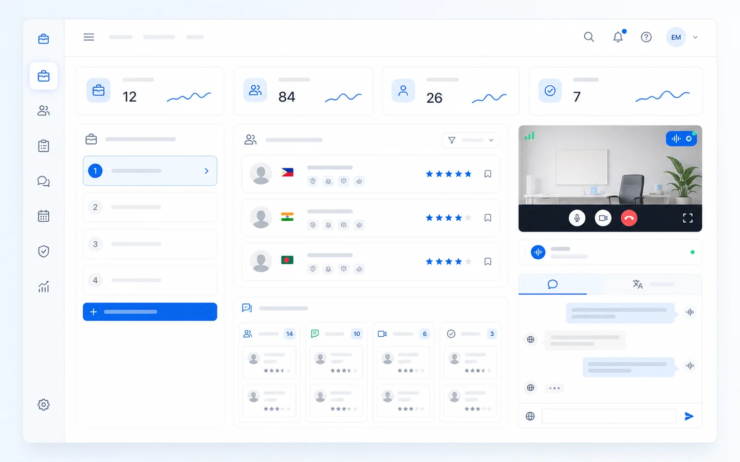 Bright Candidate Force recruitment dashboard with candidate database, interview and translation tools.
