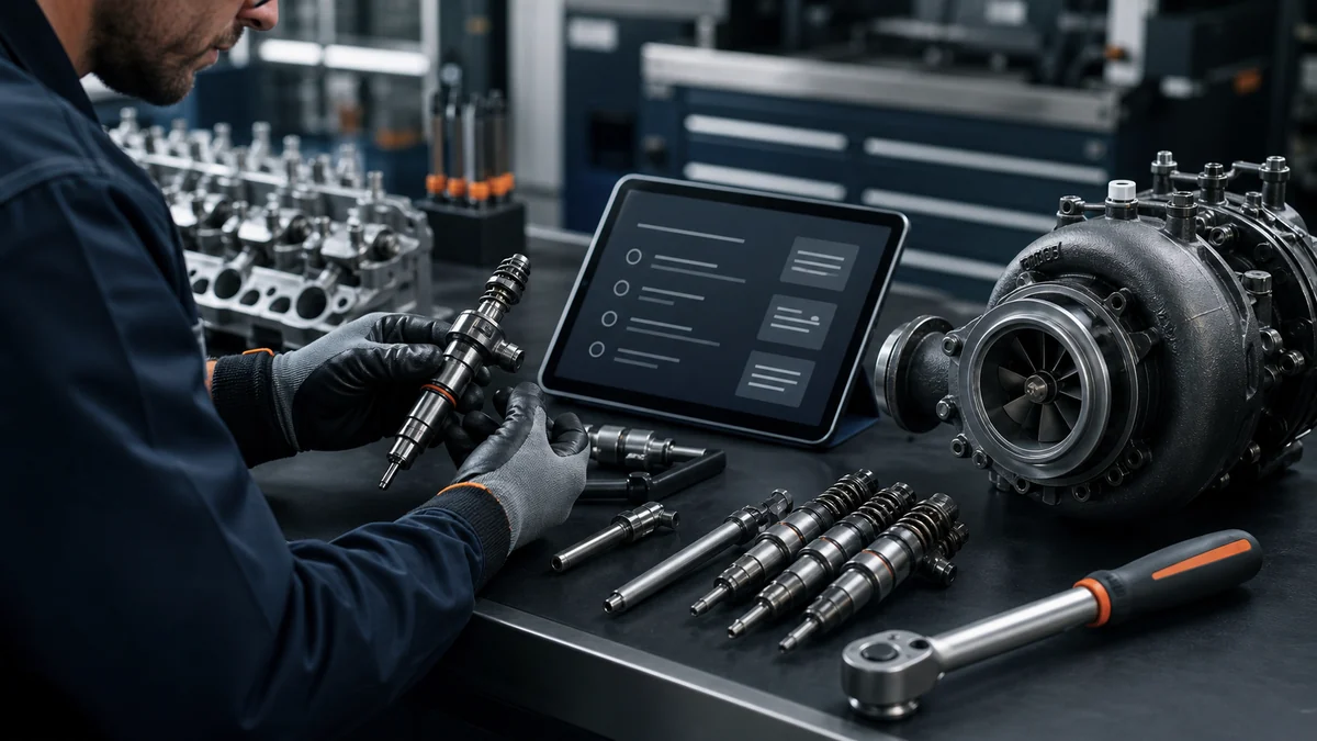 Dieselmotor-Komponenten mit einer Kompetenz-Checkliste.
