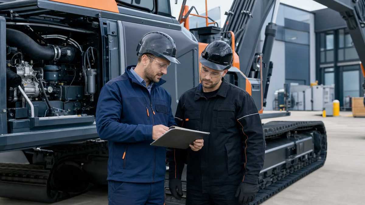 Manager und Mechaniker besprechen einen Wartungsplan für Schwermaschinen.