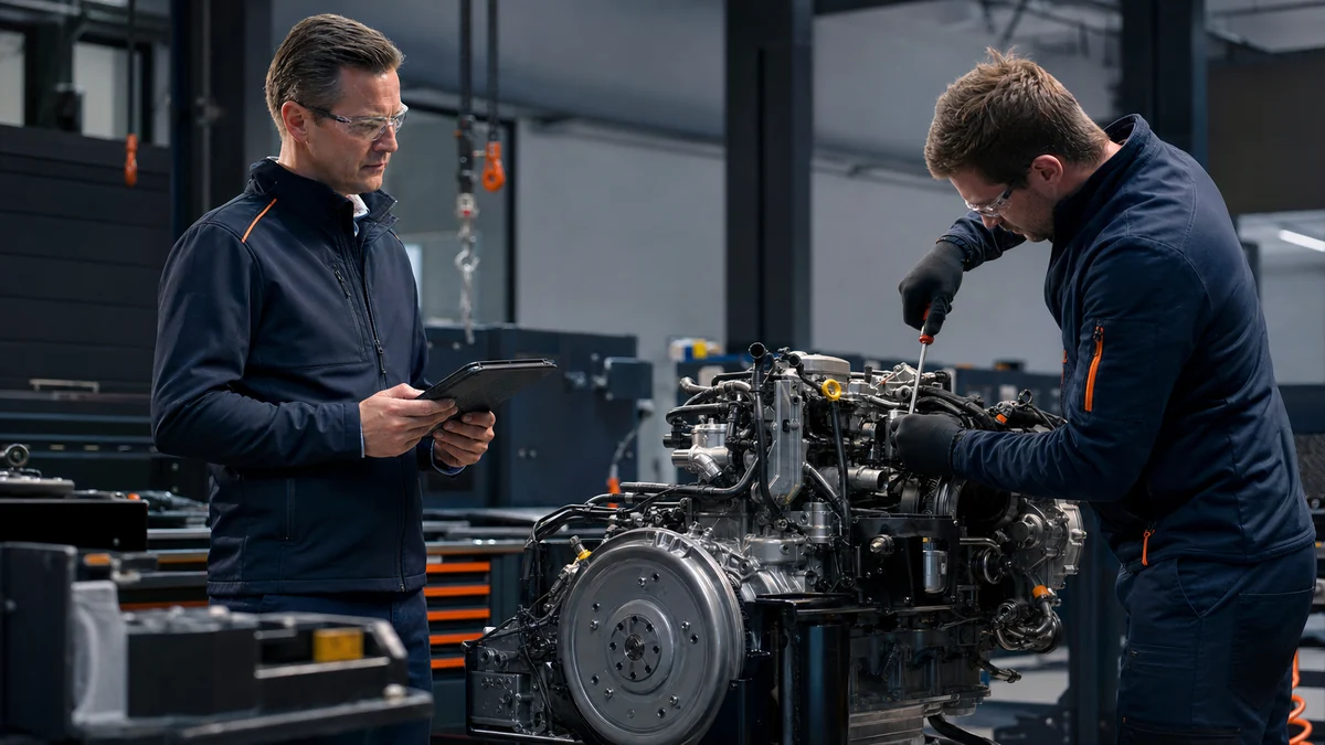 Führungskraft bei der praktischen Kompetenzbewertung eines Mechanikers.
