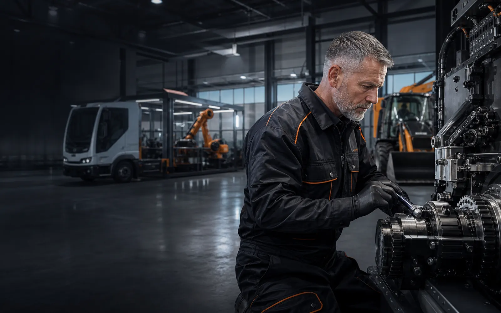 Industriemechaniker bei der Wartung einer Präzisionsantriebseinheit in einer modernen Werkstatt.