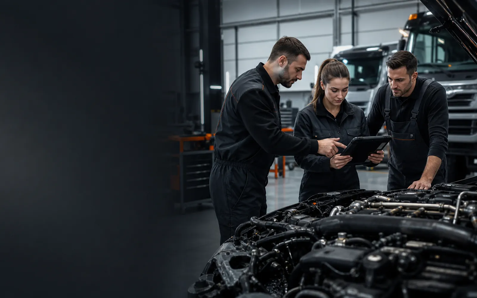 Mechanikerteam bei der Diagnosebesprechung neben einem Motor in einer modernen Werkstatt.