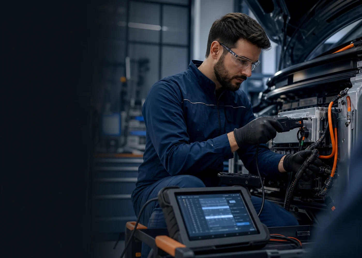 Kfz-Mechatroniker bei der elektronischen Fahrzeugdiagnose.