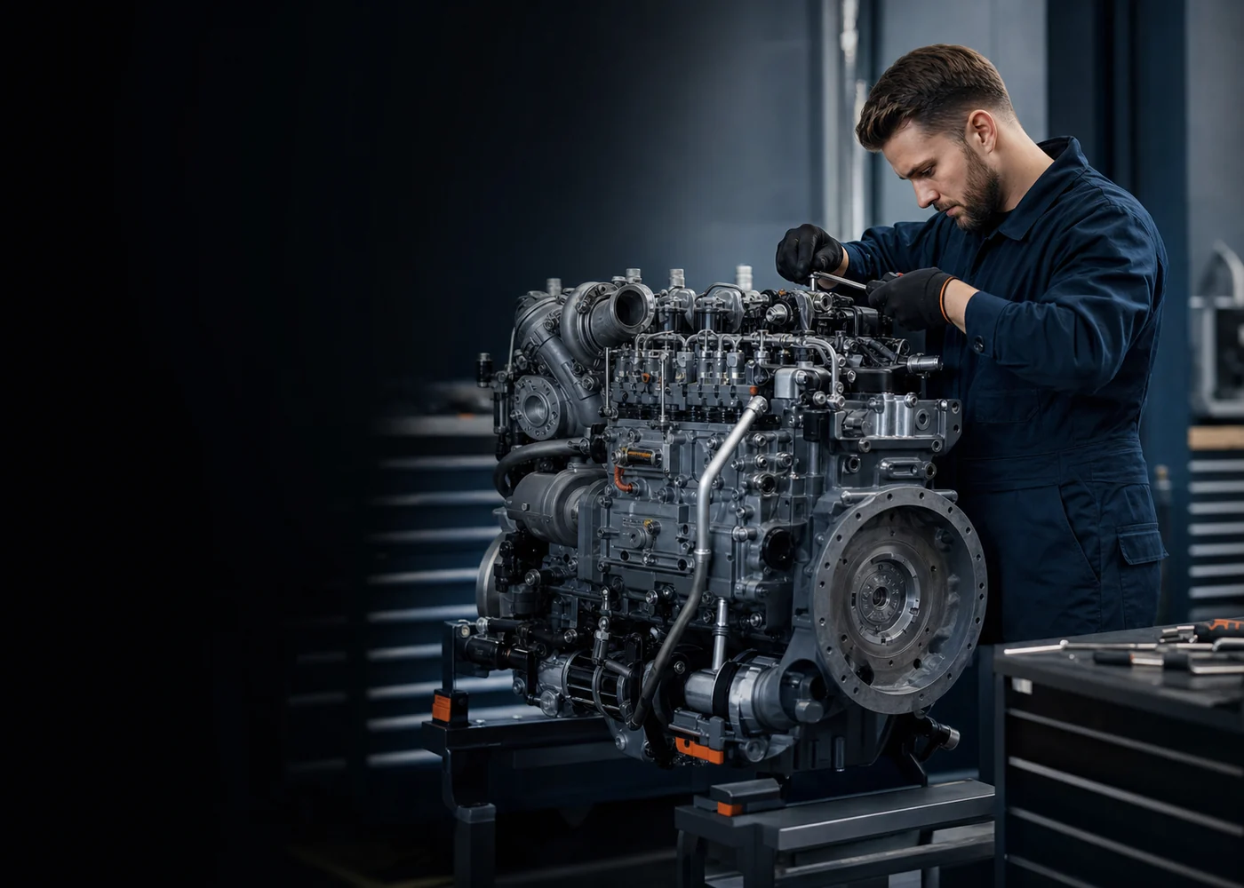 Dieselmechaniker bei der Überholung eines Dieselmotors.