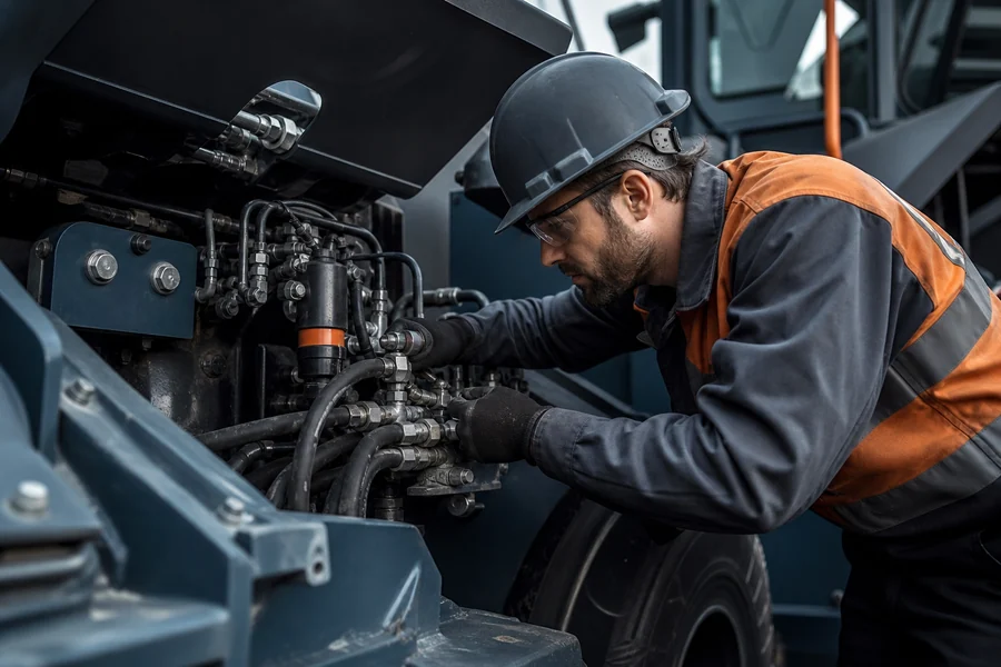 Heavy equipment mechanic inspecting hydraulic systems.