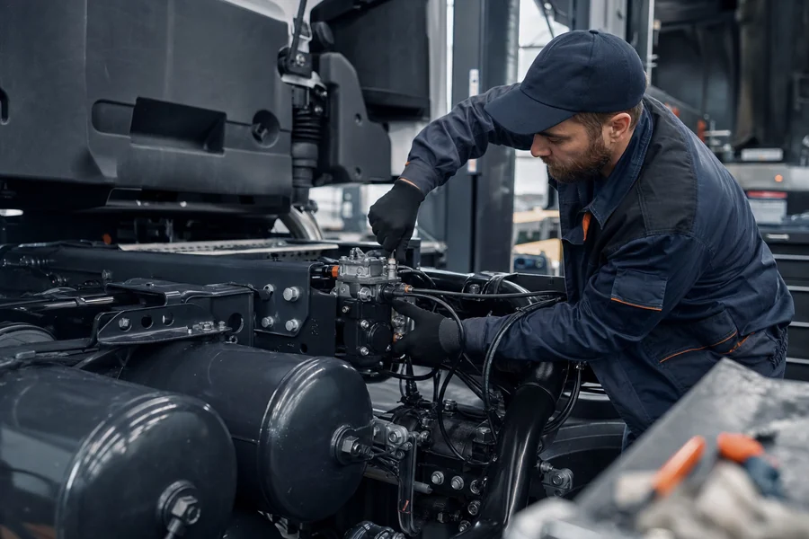 Lkw-Mechaniker bei der Arbeit an einem Nutzfahrzeug.
